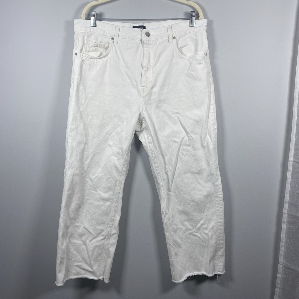 Me + Em Pants Women's White Cropped Wide Leg Jeans Raw Hem Size 32 Coastal Me Em